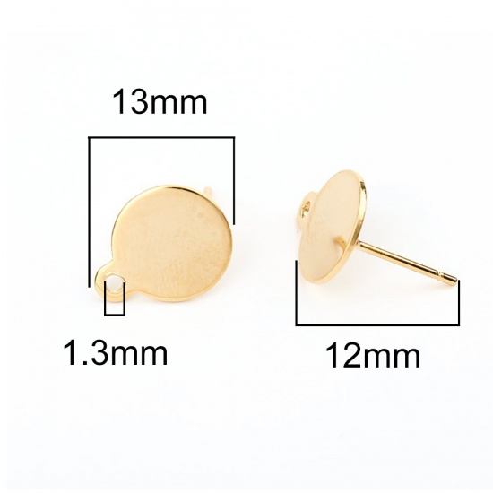 Picture of 304 Stainless Steel Ear Post Stud Earrings Round Gold Plated W/ Loop 13mm x 10mm, Post/ Wire Size: (20 gauge), 10 PCs