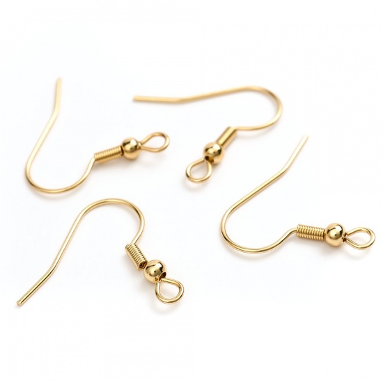 Picture of 304 Stainless Steel Ear Wire Hooks Earring Findings Hook Gold Plated W/ Loop 21mm x 20mm, Post/ Wire Size: (21 gauge), 10 PCs