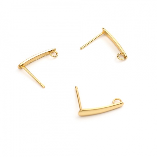Picture of 304 Stainless Steel Ear Post Stud Earrings Drop Gold Plated W/ Loop 15mm x 3mm, Post/ Wire Size: (20 gauge), 10 PCs