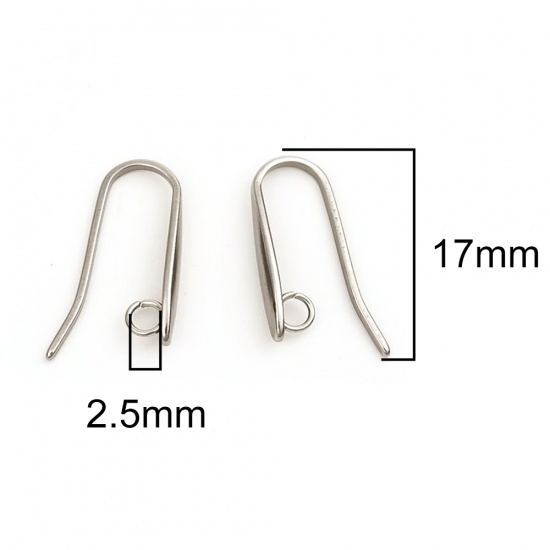 Picture of 304 Stainless Steel Ear Wire Hooks Earring Findings Drop Silver Tone W/ Loop 17mm x 9mm, Post/ Wire Size: (18 gauge), 10 PCs