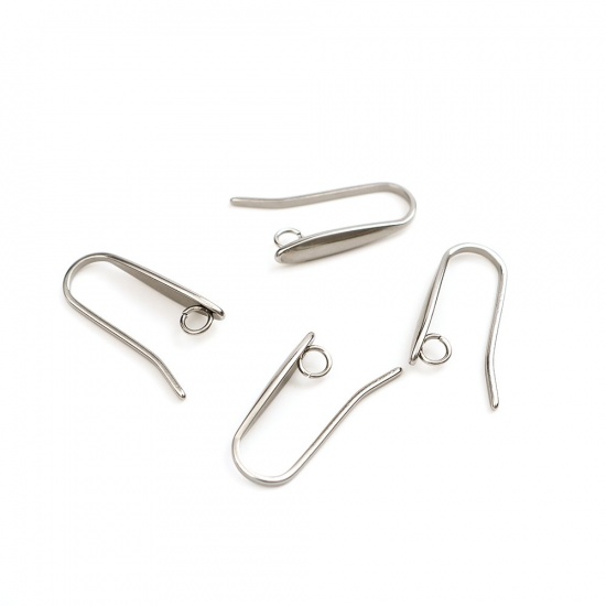 Picture of 304 Stainless Steel Ear Wire Hooks Earring Findings Drop Silver Tone W/ Loop 17mm x 9mm, Post/ Wire Size: (18 gauge), 10 PCs