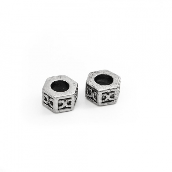 Immagine di 304 Acciaio Inossidabile Perline Esagono Argento Antico Lettere " X " 10mm x 8mm, Buco: Circa 4.8mm, 10 Pz