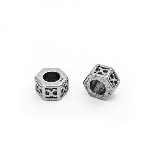 Immagine di 304 Acciaio Inossidabile Perline Esagono Argento Antico Lettere " X " 10mm x 8mm, Buco: Circa 4.8mm, 10 Pz