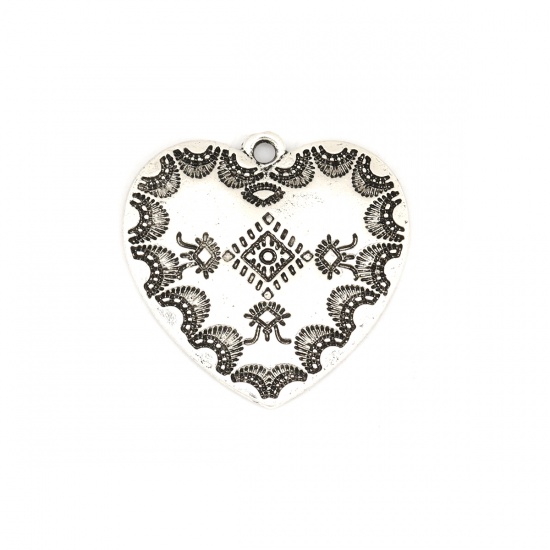 Изображение Цинковый Сплав Богемный стиль Подвески Сердце Античное Серебро резной Узор 29мм x 29мм, 10 ШТ