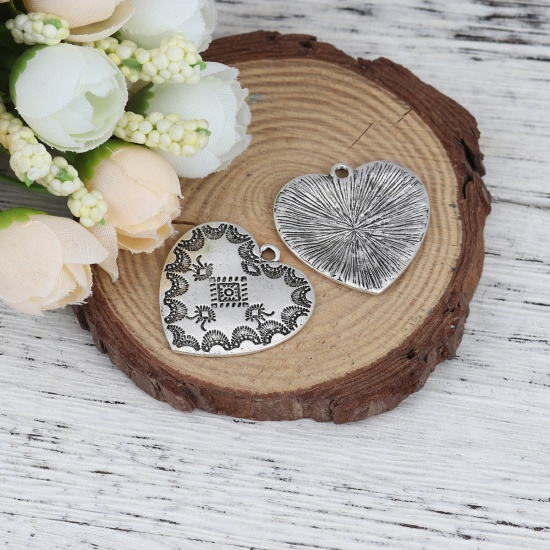 Picture of Zinc Based Alloy Boho Chic Bohemia Charms Heart Antique Silver Color Carved Pattern 29mm x 29mm, 10 PCs