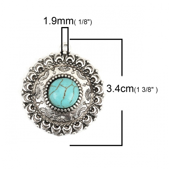 Picture of Zinc Based Alloy & Acrylic Boho Chic Bohemia Pendants Round Antique Silver Color Green Blue Moon Imitation Turquoise 34mm x 30mm, 5 PCs