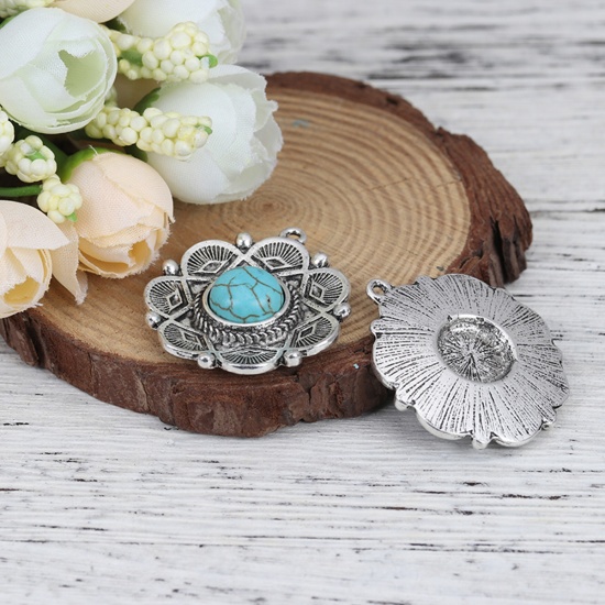 Picture of Zinc Based Alloy & Acrylic Boho Chic Bohemia Pendants Flower Antique Silver Color Green Blue Carved Pattern Imitation Turquoise 35mm x 31mm, 5 PCs