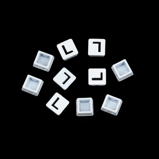 Immagine di Lega di Zinco Smalto Perline Due Fori Quadrato Nero & Bianco Lettera Maiuscola Scolpisce Lettere " L " Smalto Circa 8mm x 8mm, Foro:Circa 1.1mm, 10 Pz