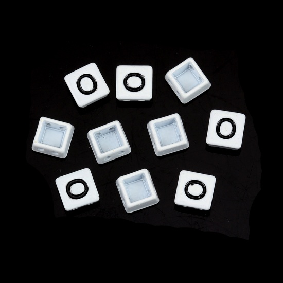 Immagine di Lega di Zinco Smalto Perline Due Fori Quadrato Nero & Bianco Lettera Maiuscola Scolpisce Lettere " O " Smalto Circa 8mm x 8mm, Foro:Circa 1.1mm, 10 Pz