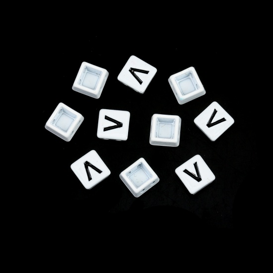 Picture of Zinc Based Alloy Enamel Spacer Beads Two Holes Square Black & White Initial Alphabet/ Capital Letter Message " V " Enamel About 8mm x 8mm, Hole: Approx 1.1mm, 10 PCs