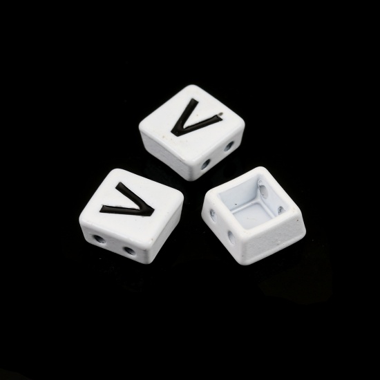 Picture of Zinc Based Alloy Enamel Spacer Beads Two Holes Square Black & White Initial Alphabet/ Capital Letter Message " V " Enamel About 8mm x 8mm, Hole: Approx 1.1mm, 10 PCs