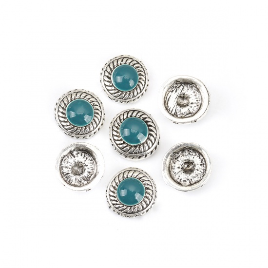 Picture of Zinc Based Alloy Spacer Beads Two Holes Flat Round Antique Silver Color Peacock Blue Enamel About 12mm Dia., Hole: Approx 1.1mm, 10 PCs