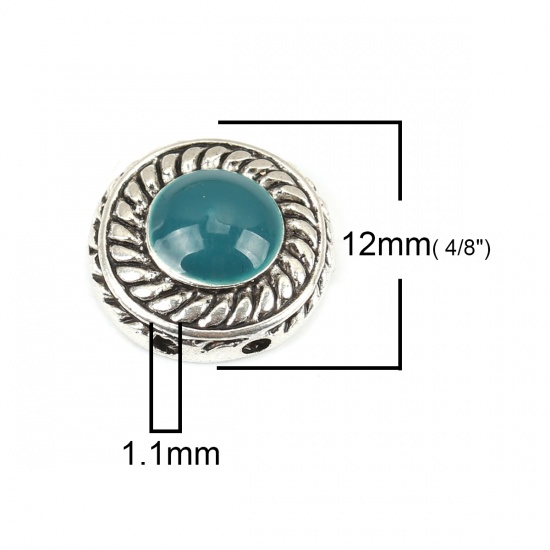 Picture of Zinc Based Alloy Spacer Beads Two Holes Flat Round Antique Silver Color Peacock Blue Enamel About 12mm Dia., Hole: Approx 1.1mm, 10 PCs