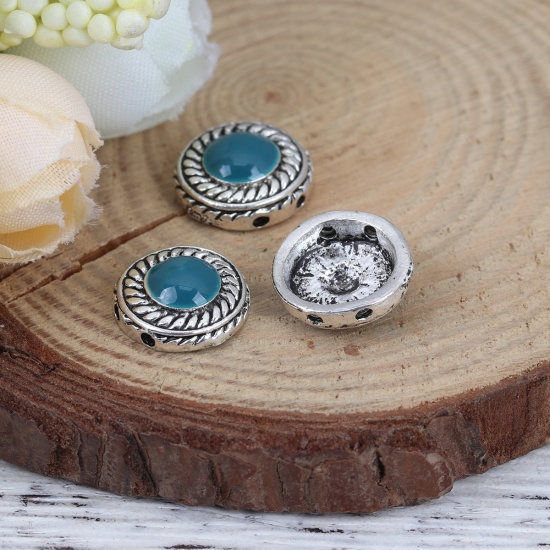 Picture of Zinc Based Alloy Spacer Beads Two Holes Flat Round Antique Silver Color Peacock Blue Enamel About 12mm Dia., Hole: Approx 1.1mm, 10 PCs