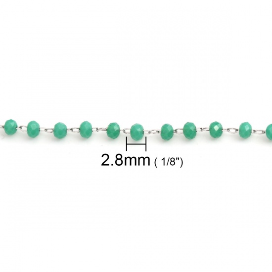 Picture of 1 M 304 Stainless Steel Beaded Chain For Handmade DIY Jewelry Making Findings Silver Tone Green 3.5x2.8mm