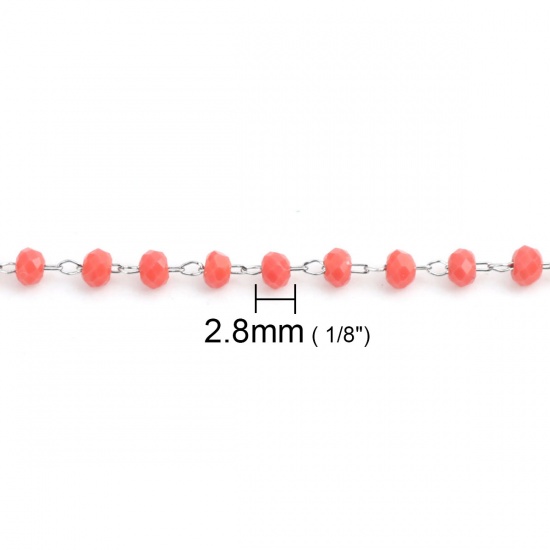 Picture of 1 M 304 Stainless Steel Beaded Chain For Handmade DIY Jewelry Making Findings Silver Tone Dark Red 3.5x2.8mm