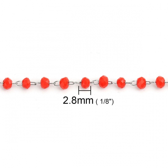 Picture of 1 M 304 Stainless Steel Beaded Chain For Handmade DIY Jewelry Making Findings Silver Tone Red 3.5x2.8mm