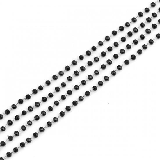 Picture of 1 M 304 Stainless Steel Beaded Chain For Handmade DIY Jewelry Making Findings Silver Tone Black 3.4x2.9mm
