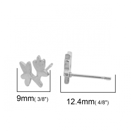 Picture of 304 Stainless Steel Ear Post Stud Earrings Silver Tone Leaf 9mm x 9mm, Post/ Wire Size: (20 gauge), 1 Pair