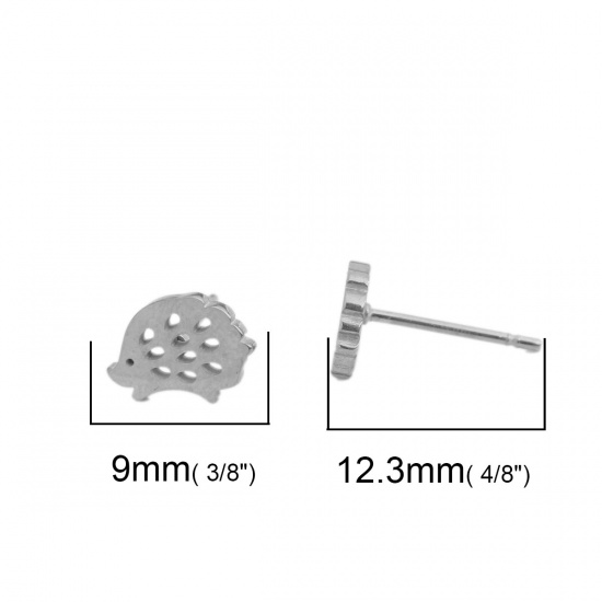 Picture of 304 Stainless Steel Ear Post Stud Earrings Silver Tone Hedgehog 9mm x 7mm, Post/ Wire Size: (20 gauge), 1 Pair