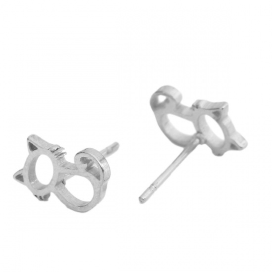 Picture of 304 Stainless Steel Ear Post Stud Earrings Silver Tone Cat Animal 10mm x 7mm, Post/ Wire Size: (20 gauge), 1 Pair
