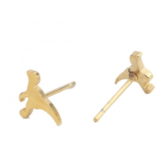 Picture of 304 Stainless Steel Ear Post Stud Earrings Gold Plated Dinosaur Animal 10mm x 6mm, Post/ Wire Size: (20 gauge), 1 Pair