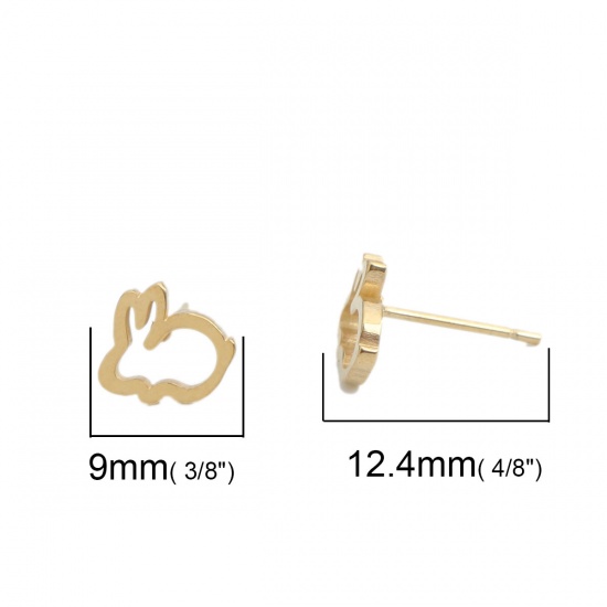 Picture of 304 Stainless Steel Ear Post Stud Earrings Gold Plated Rabbit Animal 9mm x 8mm, Post/ Wire Size: (20 gauge), 1 Pair