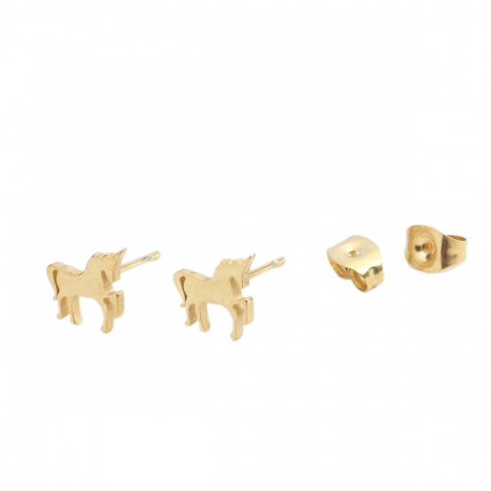 Immagine di 304 Acciaio Inossidabile Orecchini a Perno Oro Placcato Cavallo 9mm x 8mm, Posta / Filo Dimensione: (20 misura), 1 Paio