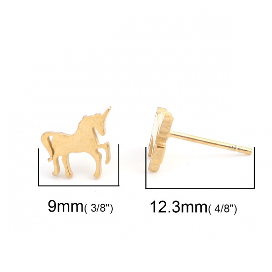 Picture of 304 Stainless Steel Ear Post Stud Earrings Gold Plated Horse Animal 9mm x 8mm, Post/ Wire Size: (20 gauge), 1 Pair