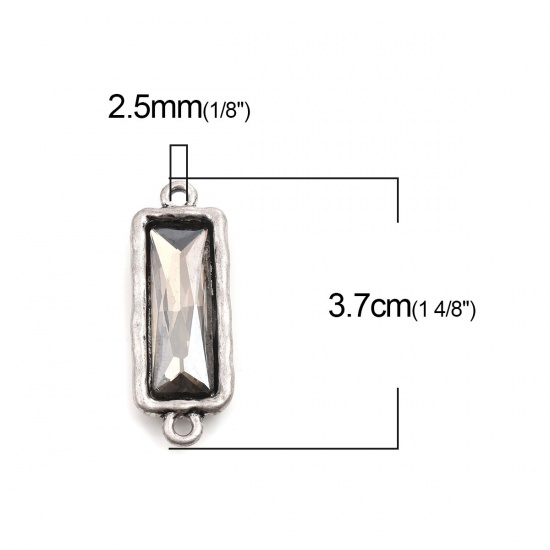 Picture of Zinc Based Alloy Connectors Rectangle Antique Silver Color Faceted French Gray Rhinestone 3.7cm x 1.3cm, 5 PCs