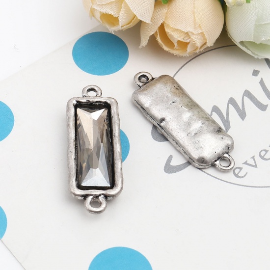 Picture of Zinc Based Alloy Connectors Rectangle Antique Silver Color Faceted French Gray Rhinestone 3.7cm x 1.3cm, 5 PCs