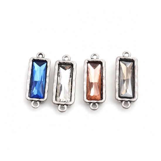 Picture of Zinc Based Alloy Connectors Rectangle Antique Silver Color Faceted French Gray Rhinestone 3.7cm x 1.3cm, 5 PCs