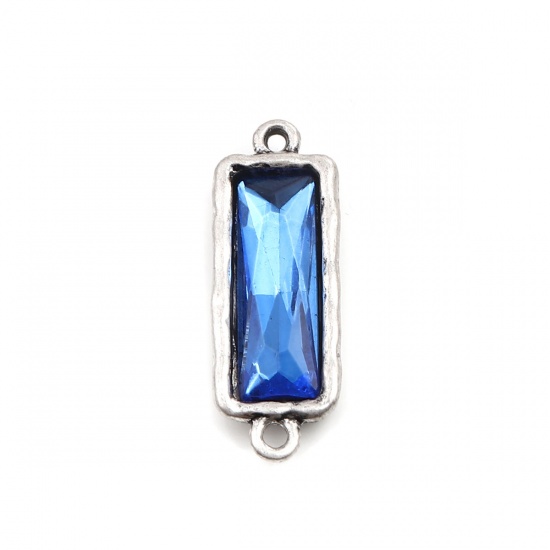 Picture of Zinc Based Alloy Connectors Rectangle Antique Silver Color Faceted Royal Blue Rhinestone 3.7cm x 1.3cm, 5 PCs