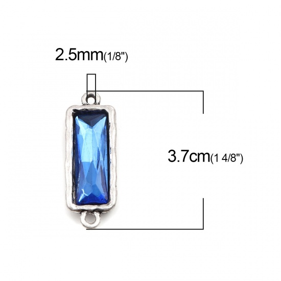 Picture of Zinc Based Alloy Connectors Rectangle Antique Silver Color Faceted Royal Blue Rhinestone 3.7cm x 1.3cm, 5 PCs