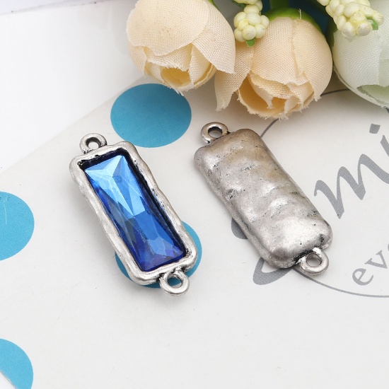 Picture of Zinc Based Alloy Connectors Rectangle Antique Silver Color Faceted Royal Blue Rhinestone 3.7cm x 1.3cm, 5 PCs