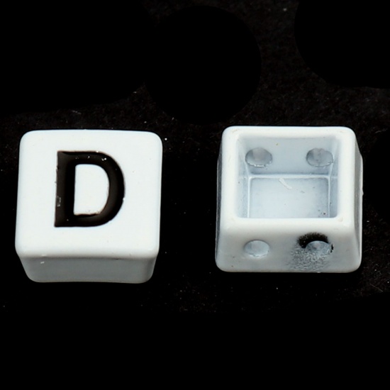 亜鉛合金 スペーサー ビーズ 正方形 黒 + 白 キャピタルレター彫刻 文字 " D " エナメル 約 8mm x 8mm、 穴：約 1.1mm、 10 個 の画像