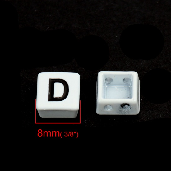 Immagine di Lega di Zinco Perline Quadrato Nero & Bianco Lettera Maiuscola Scolpisce Lettere " D " Smalto Circa 8mm x 8mm, Foro:Circa 1.1mm, 10 Pz