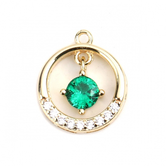 Imagen de Latón Colgantes Charms Chapado en Oro Ronda Hueco Transparente & Verde Rhinestone 12mm x 11mm, 2 Unidades