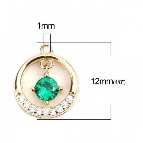 Imagen de Latón Colgantes Charms Chapado en Oro Ronda Hueco Transparente & Verde Rhinestone 12mm x 11mm, 2 Unidades