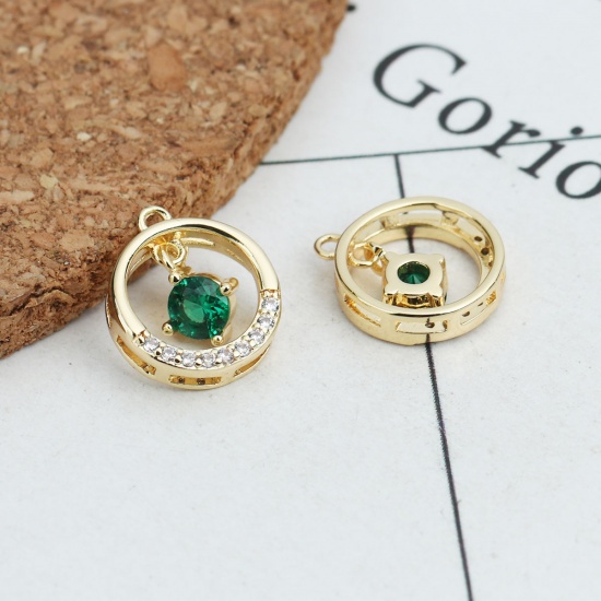 Imagen de Latón Colgantes Charms Chapado en Oro Ronda Hueco Transparente & Verde Rhinestone 12mm x 11mm, 2 Unidades