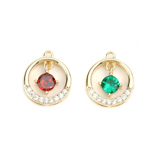 Imagen de Latón Colgantes Charms Chapado en Oro Ronda Hueco Transparente & Verde Rhinestone 12mm x 11mm, 2 Unidades