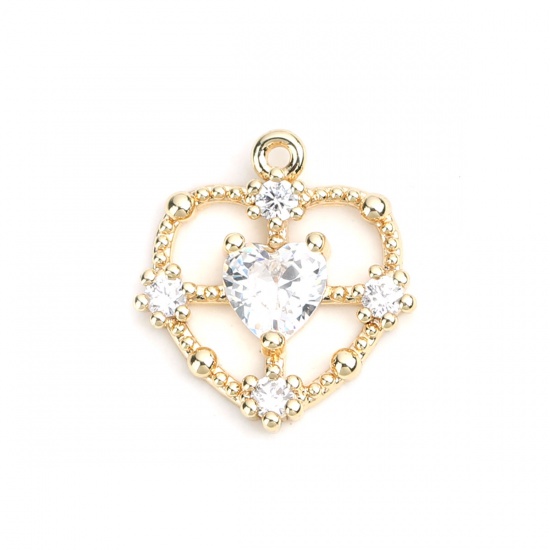 Image de Breloques La Saint Valentin en Laiton Cœur Doré Creux à Strass Transparent 15mm x 14mm, 2 Pcs