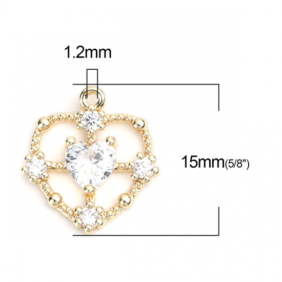 Image de Breloques La Saint Valentin en Laiton Cœur Doré Creux à Strass Transparent 15mm x 14mm, 2 Pcs