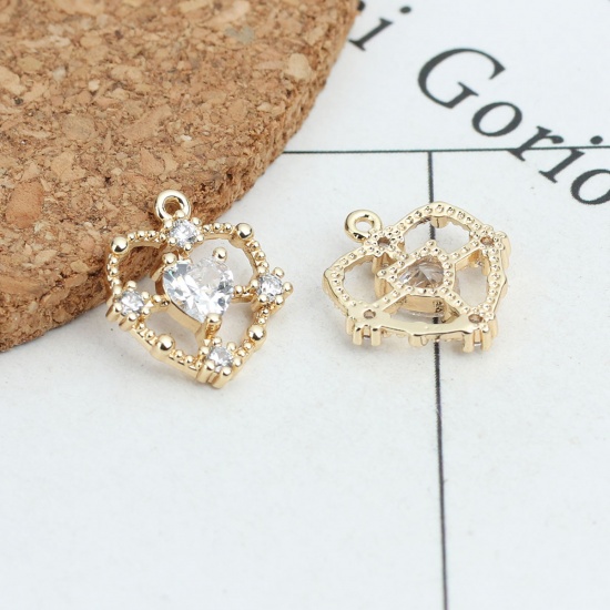 Image de Breloques La Saint Valentin en Laiton Cœur Doré Creux à Strass Transparent 15mm x 14mm, 2 Pcs