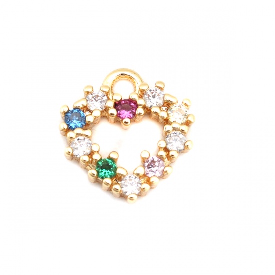 Image de Breloques La Saint Valentin en Laiton Cœur Doré Creux à Strass Coloré 8mm x 8mm, 2 Pcs