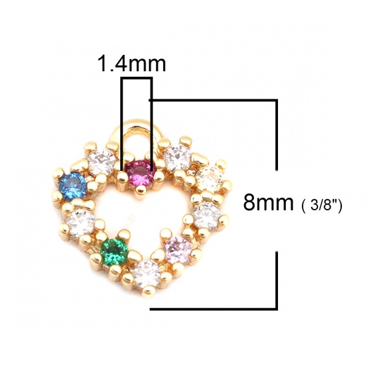 Image de Breloques La Saint Valentin en Laiton Cœur Doré Creux à Strass Coloré 8mm x 8mm, 2 Pcs