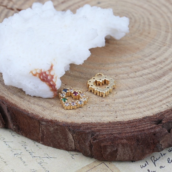 Image de Breloques La Saint Valentin en Laiton Cœur Doré Creux à Strass Coloré 8mm x 8mm, 2 Pcs