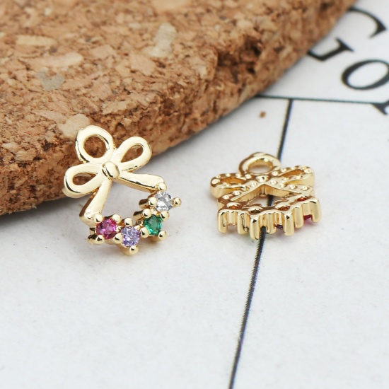 Image de Breloques en Laiton Nœuds Papillon Doré Creux à Strass Coloré 9mm x 7mm, 2 Pcs