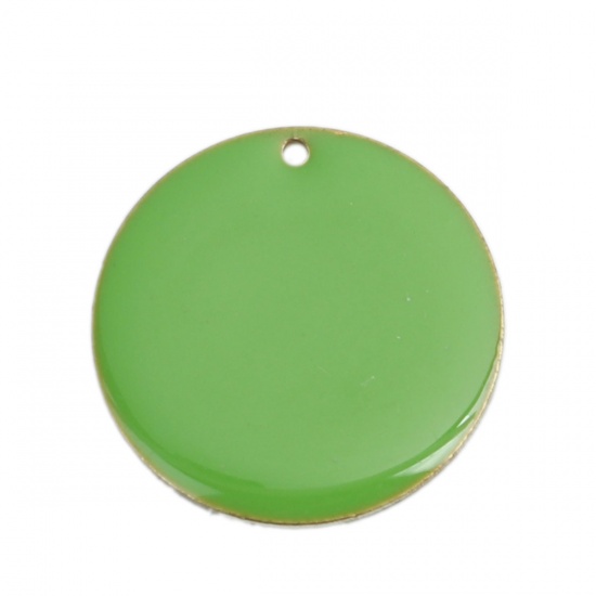 Picture of Brass Enamelled Sequins Charms Gold Plated Fruit Green Round 25mm Dia., 5 PCs                                                                                                                                                                                 