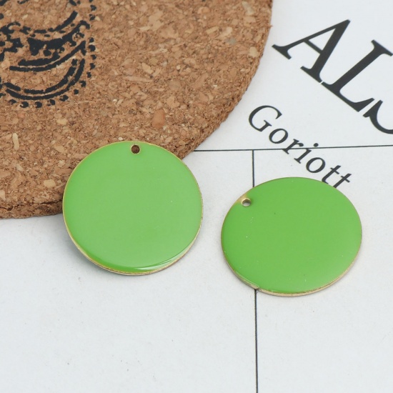 Picture of Brass Enamelled Sequins Charms Gold Plated Fruit Green Round 25mm Dia., 5 PCs                                                                                                                                                                                 